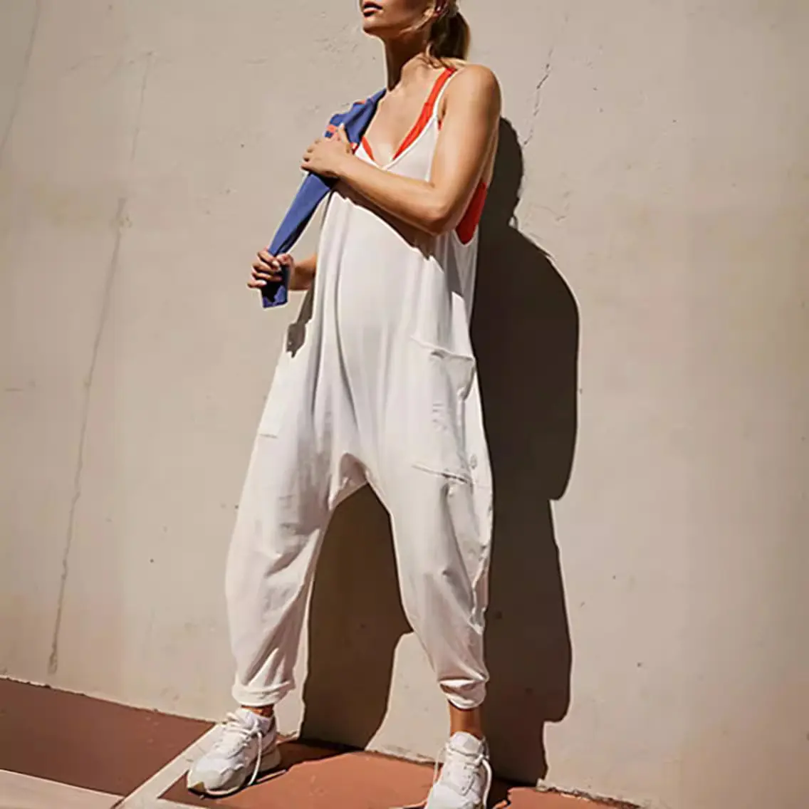Women Jumpsuits Overalls Solid Rompers One Piece Streetwear Straight Pants Sexy Ankle Length Pockets Knitting Loose Fit 2024