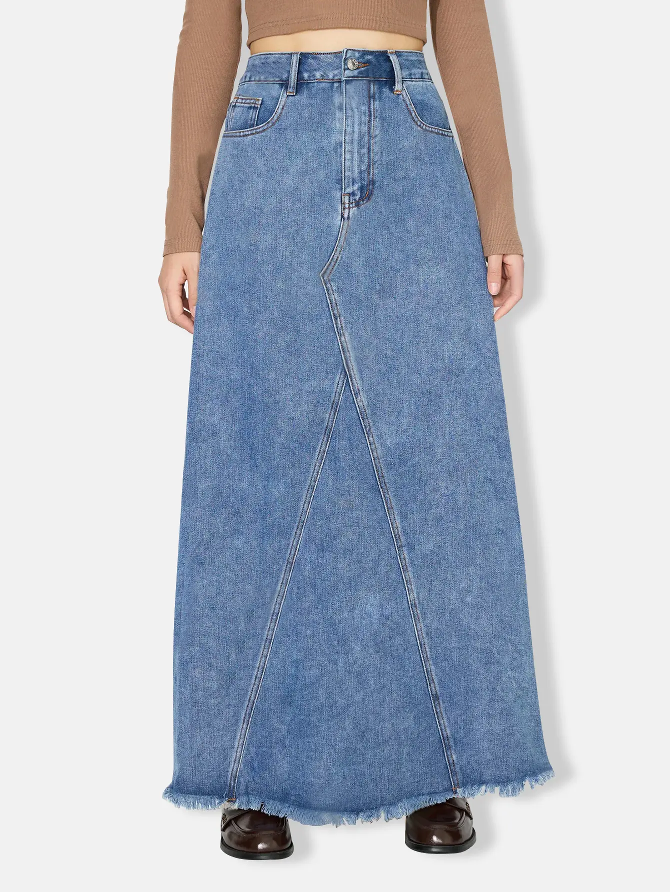 Denim Skirt Women Vintage Long Skirts High Waist Distressed Washed Button Pockets Summer Mom Jeans Y2k A Line Streetwear 2025