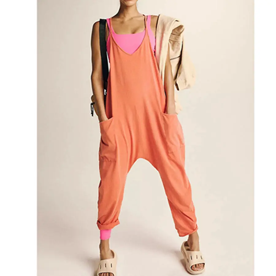 Women Jumpsuits Overalls Solid Rompers One Piece Streetwear Straight Pants Sexy Ankle Length Pockets Knitting Loose Fit 2024