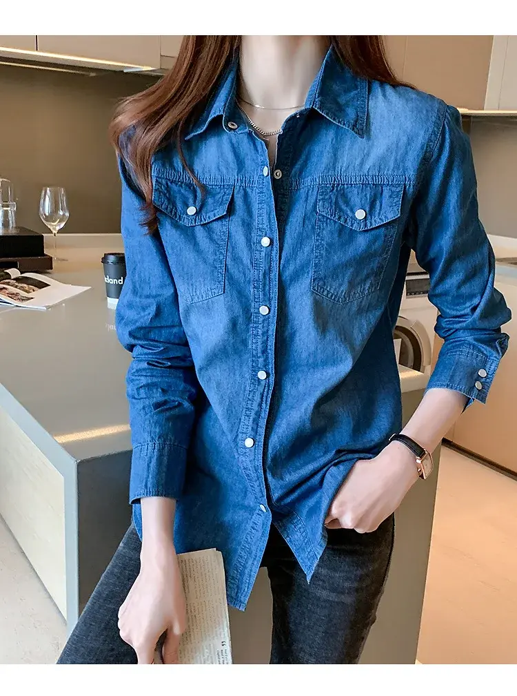Women Blouses Single Breasted Button Turn Down Collar Denim Shirt Slim Pockets Slight Strech Basics Winter 2025 Solid Color