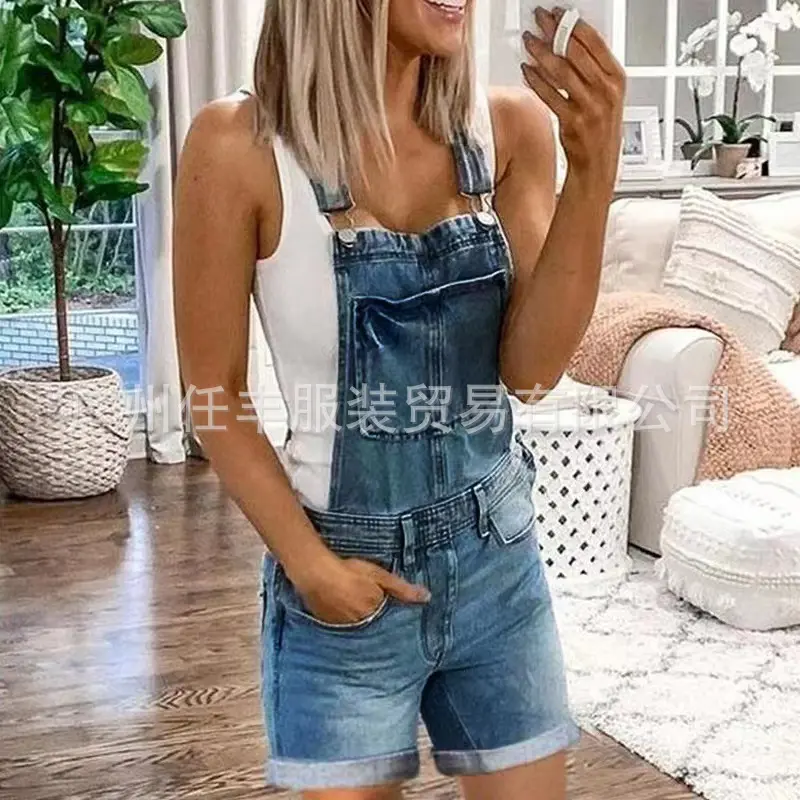 Women Rompers Jeans Jumpsuits One Piece Overalls Washing Denim Shorts Button Loose Casual Pockets Knee Length 2024 Summer
