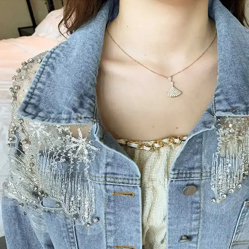 Vintage Denim Coat Women Jacket Streetwear Sequins Single Breasted Turn Down Collar Pockets Washed Patchwork 2025 Outerwear
