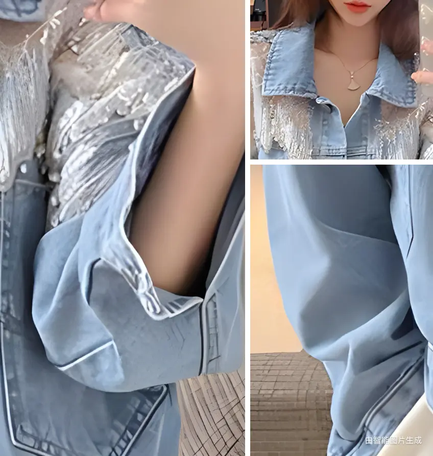 Vintage Denim Coat Women Jacket Streetwear Sequins Single Breasted Turn Down Collar Pockets Washed Patchwork 2025 Outerwear