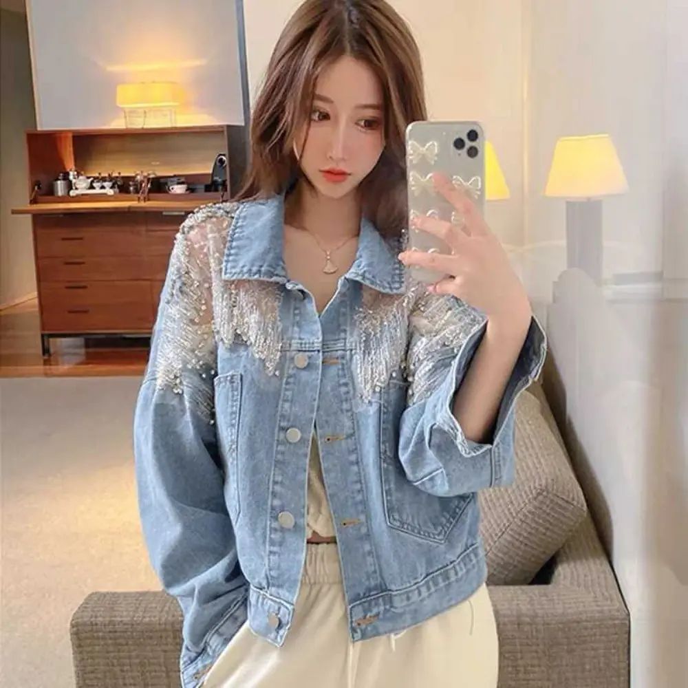 Vintage Denim Coat Women Jacket Streetwear Sequins Single Breasted Turn Down Collar Pockets Washed Patchwork 2025 Outerwear