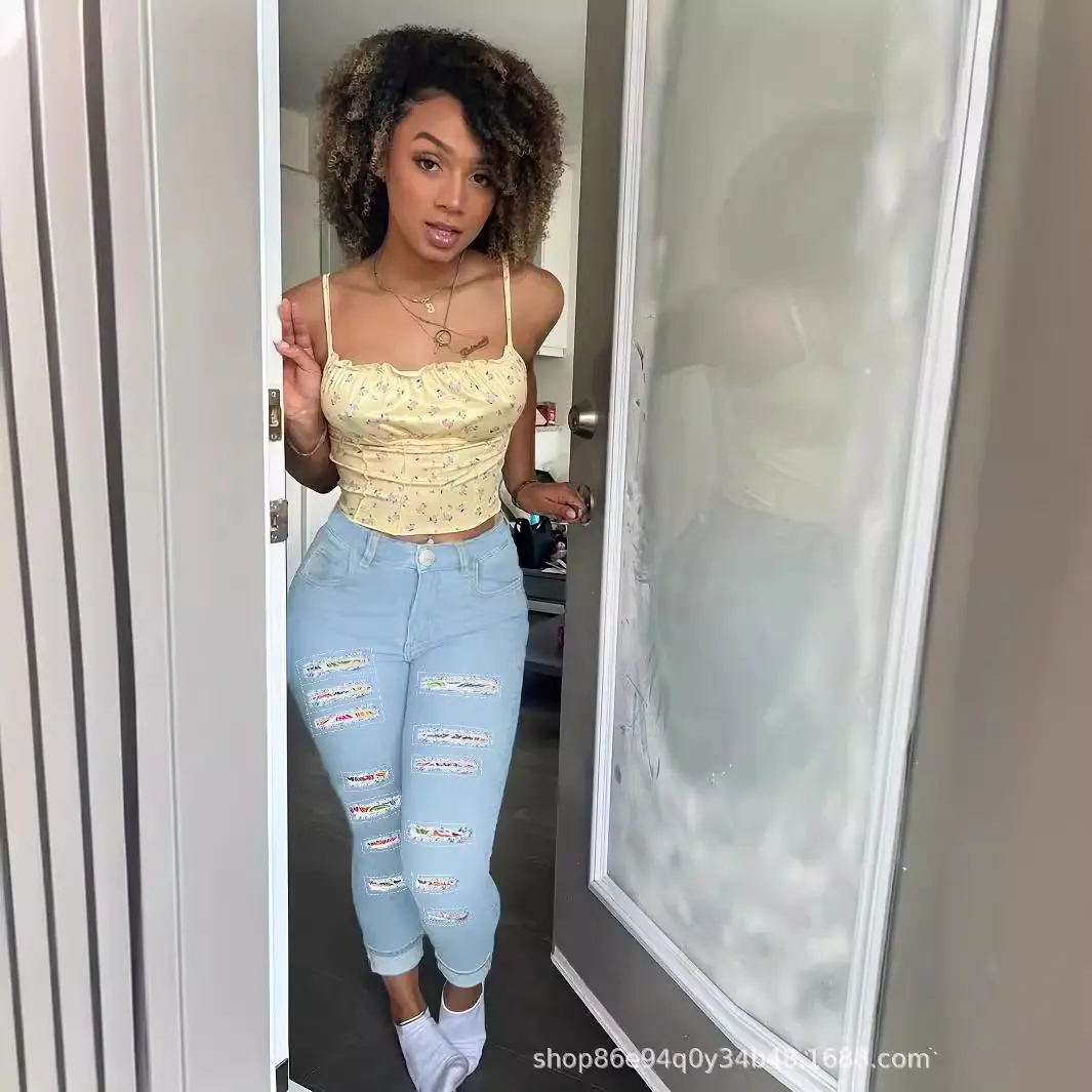 Bodycon Pencil Jeans Women Holes Splice High Waist Trousers Row Denim Pants Big Size Skinny Ankle Lenth 2025 Spring Mom Jeans
