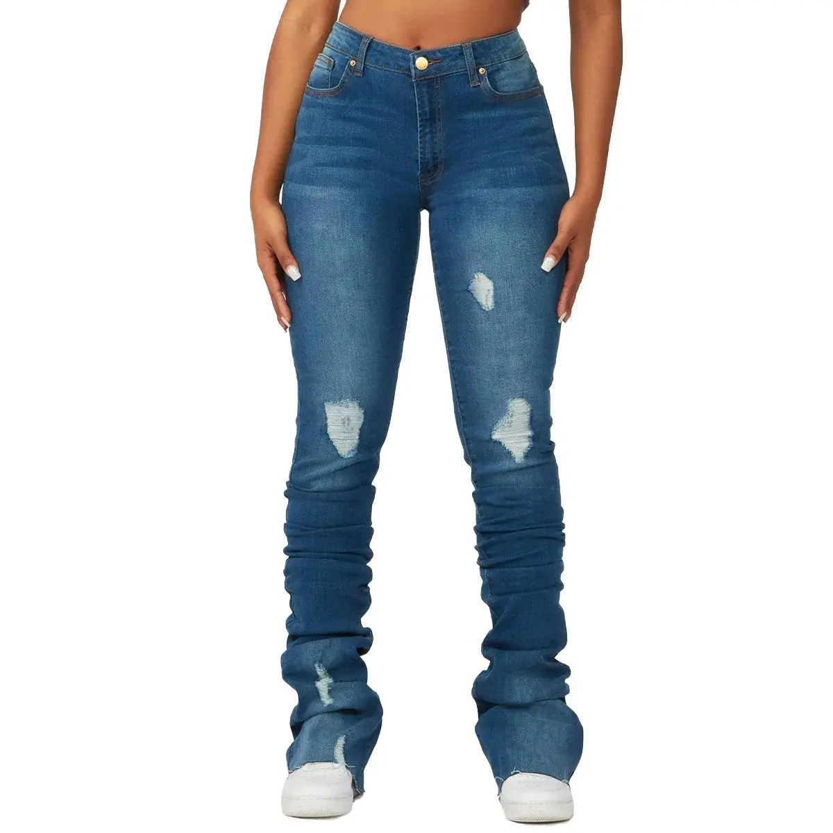 Washed Denim Straight Pants Women Ankle Length Jean Ripped Hole Distressed Pockets Solid Casual Skinny Vintage High Waist