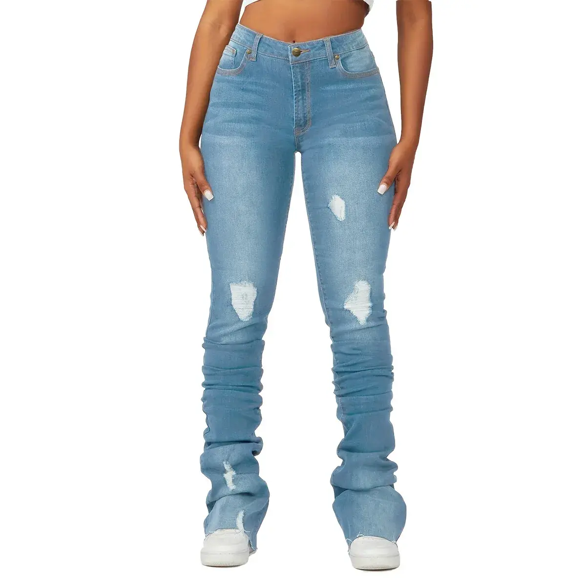Washed Denim Straight Pants Women Ankle Length Jean Ripped Hole Distressed Pockets Solid Casual Skinny Vintage High Waist