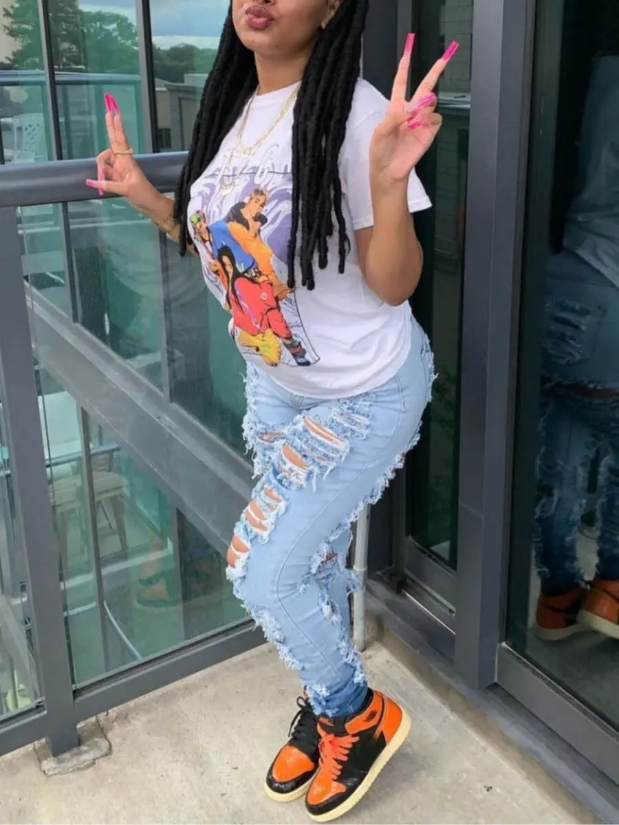 Jeans Ankle Length Women Pencil Denim Hole Pants Ripped Pockets High Waist Jean Skinny Streetwear Button Washed Distressed