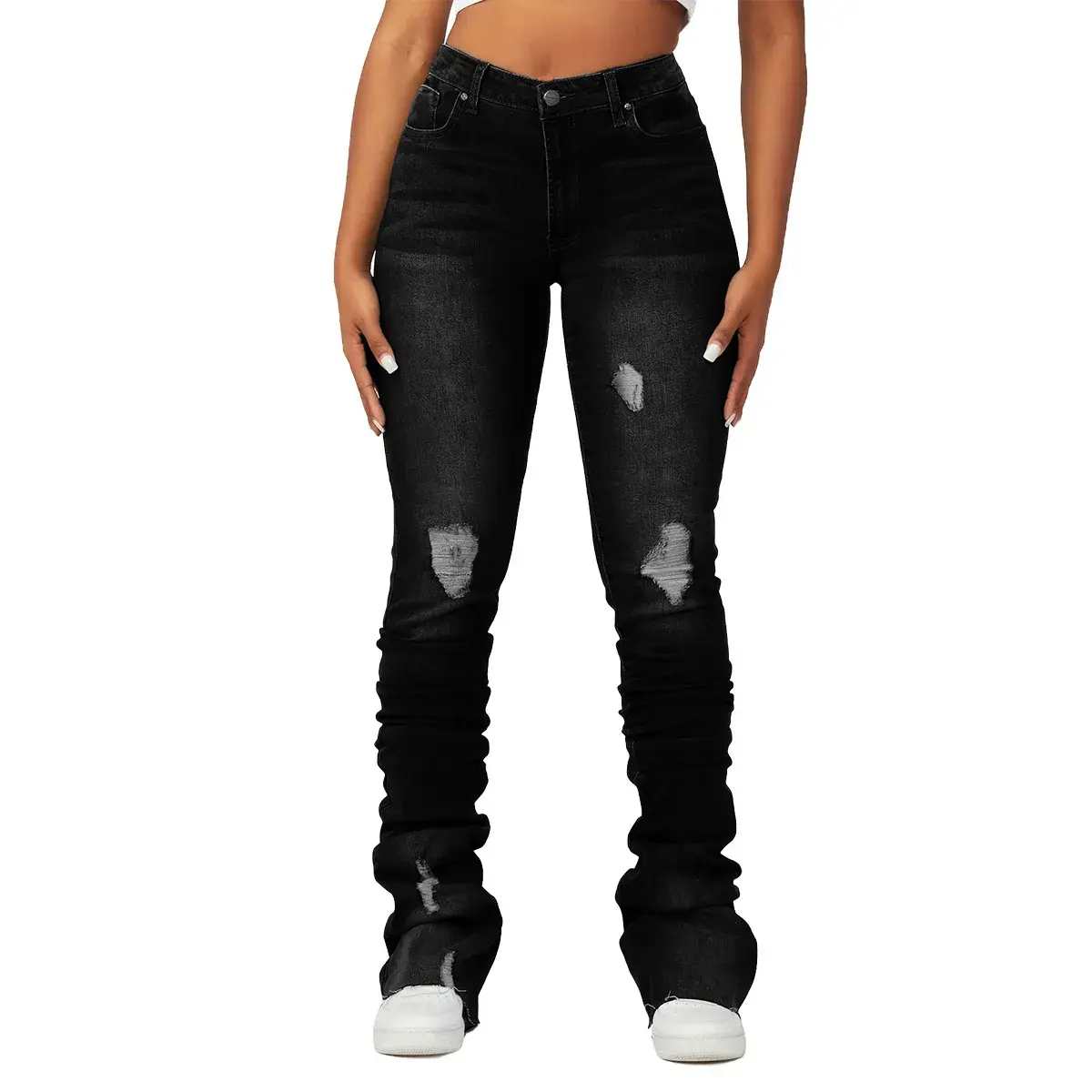 Washed Denim Straight Pants Women Ankle Length Jean Ripped Hole Distressed Pockets Solid Casual Skinny Vintage High Waist