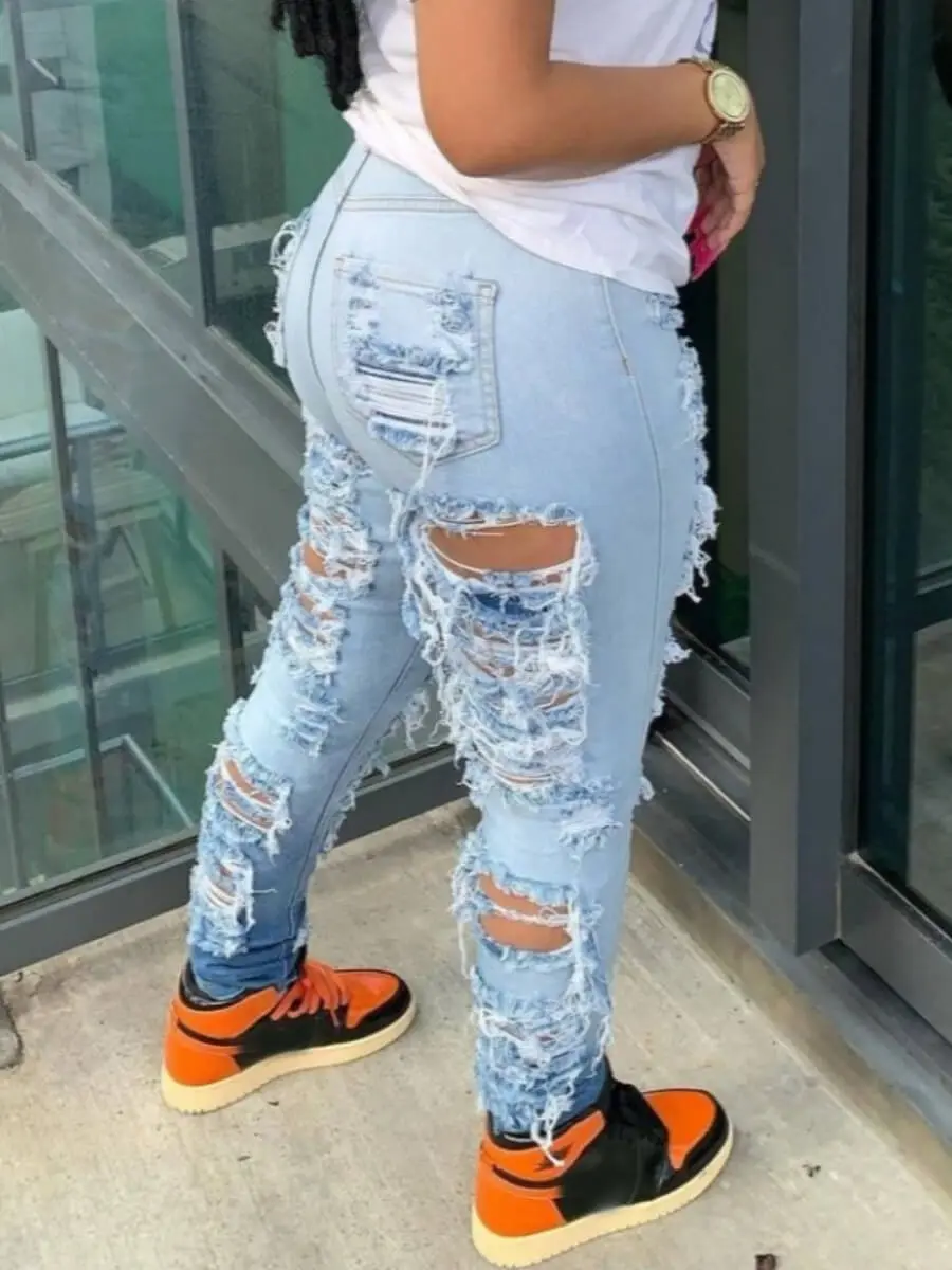 Jeans Ankle Length Women Pencil Denim Hole Pants Ripped Pockets High Waist Jean Skinny Streetwear Button Washed Distressed