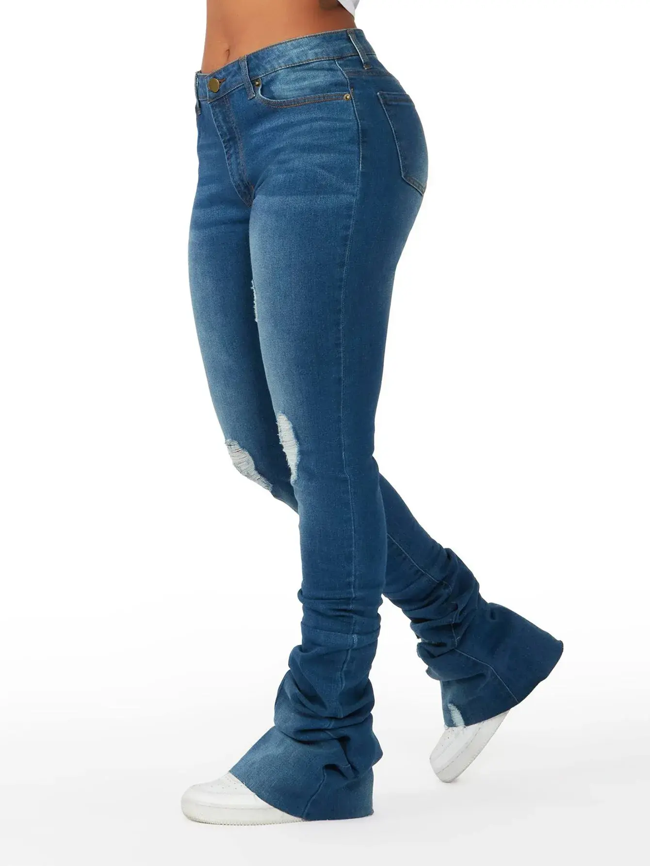 Washed Denim Straight Pants Women Ankle Length Jean Ripped Hole Distressed Pockets Solid Casual Skinny Vintage High Waist