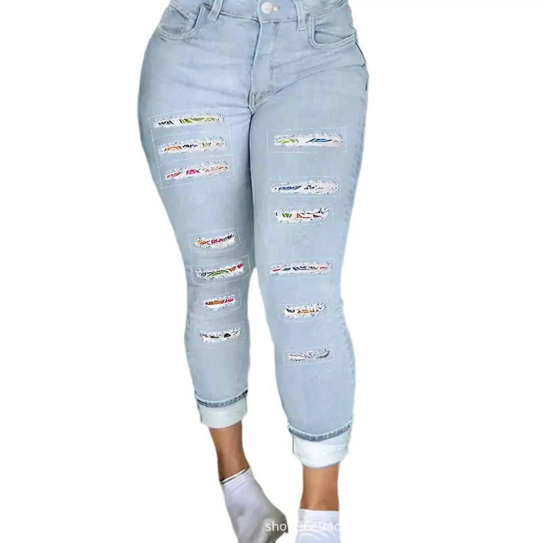 Bodycon Pencil Jeans Women Holes Splice High Waist Trousers Row Denim Pants Big Size Skinny Ankle Lenth 2025 Spring Mom Jeans