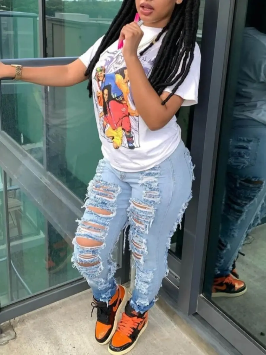 Jeans Ankle Length Women Pencil Denim Hole Pants Ripped Pockets High Waist Jean Skinny Streetwear Button Washed Distressed