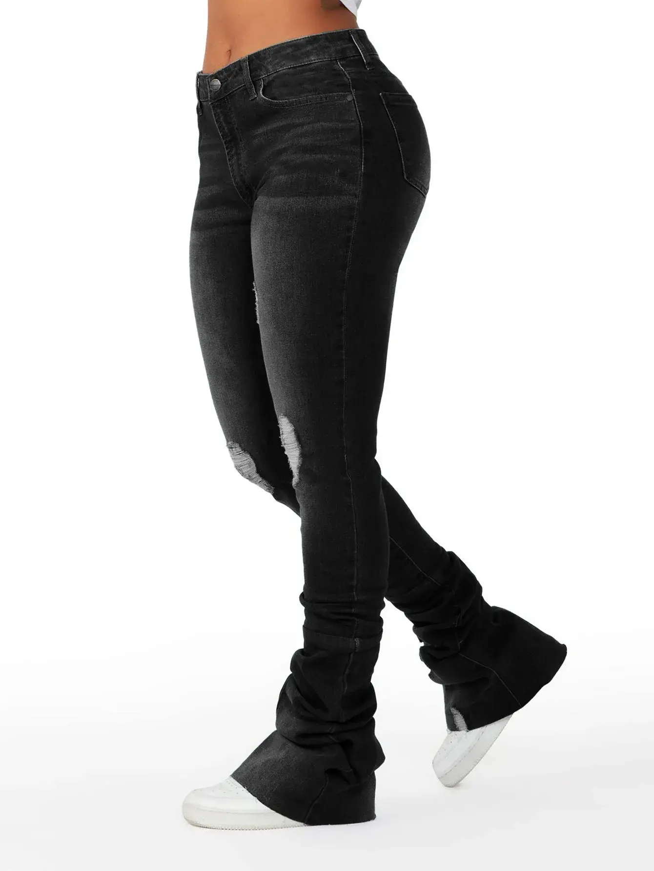Washed Denim Straight Pants Women Ankle Length Jean Ripped Hole Distressed Pockets Solid Casual Skinny Vintage High Waist