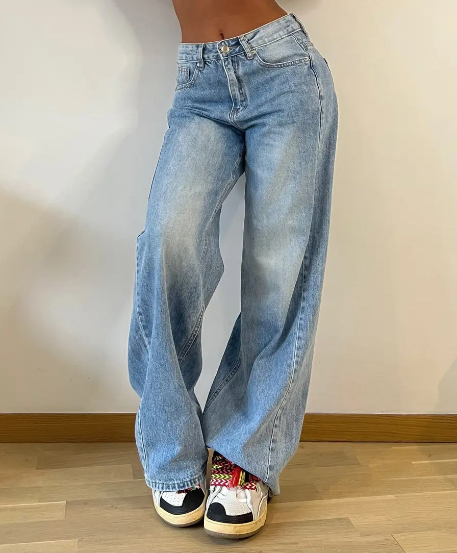 Women Jeans Denim Wide Leg Pants High Waist Washing Loose Fit Pockets Zipper Fly Flat Streewear Spring 2024 Slight Strech