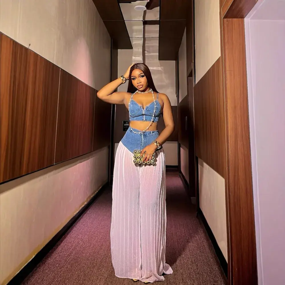 Two Piece Sets Women Sexy Denim Camisole Wide Leg Pants Patchwork Folds Slip Vest Matching Sets Suit 2025 Summer Casual Outfits