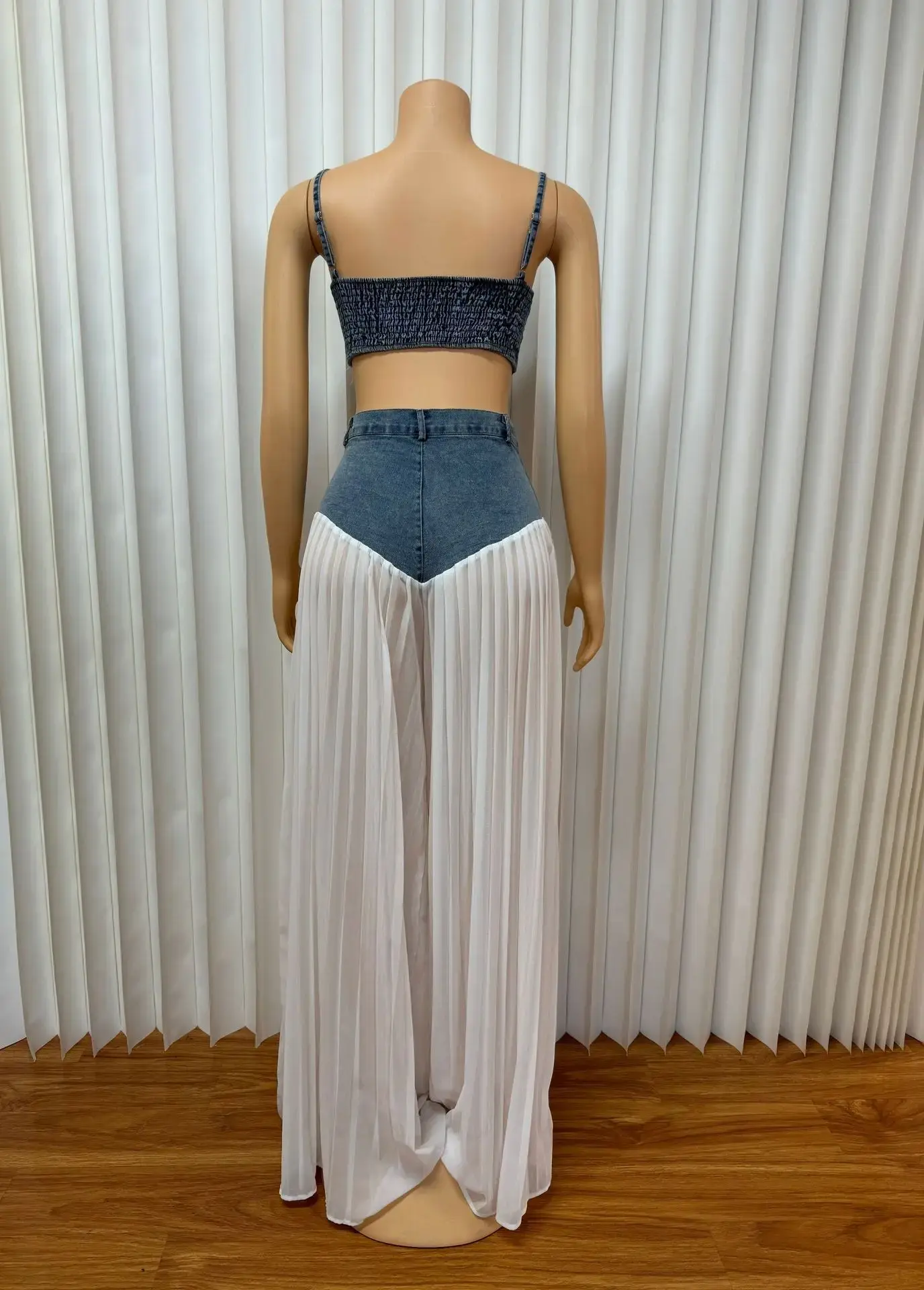 Two Piece Sets Women Sexy Denim Camisole Wide Leg Pants Patchwork Folds Slip Vest Matching Sets Suit 2025 Summer Casual Outfits