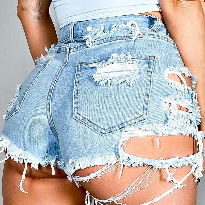 Y2K Shorts Women Blue Holes Jeans Denim Streetwear High Waist Straight Trouser Button Zipper Pants Streetwear Skinny Summer