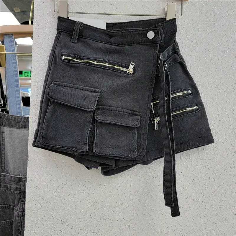 Denim Skirt Women Jeans Culottes Cargo Shorts Irregular Washed High Waist Multiple Y2k Punk Streetwear Short Pants Summer 2025