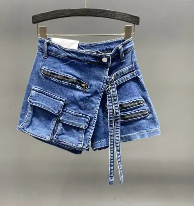 Denim Skirt Women Jeans Culottes Cargo Shorts Irregular Washed High Waist Multiple Y2k Punk Streetwear Short Pants Summer 2025