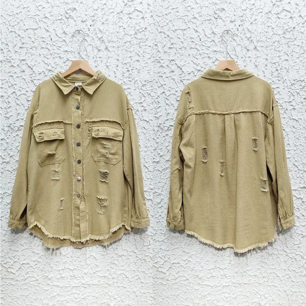 Denim Jackets Women Long Sleeve Turn Down Color Outerwear Cardigan Single Breasted Coats Pockets Hole Vintage Streetwear Coat