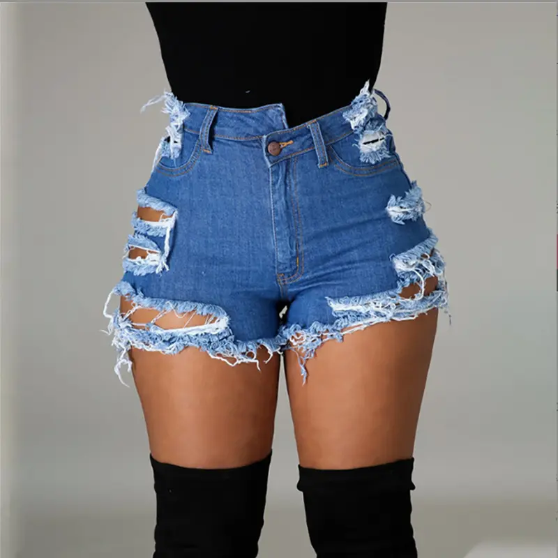 Y2K Shorts Women Blue Holes Jeans Denim Streetwear High Waist Straight Trouser Button Zipper Pants Streetwear Skinny Summer