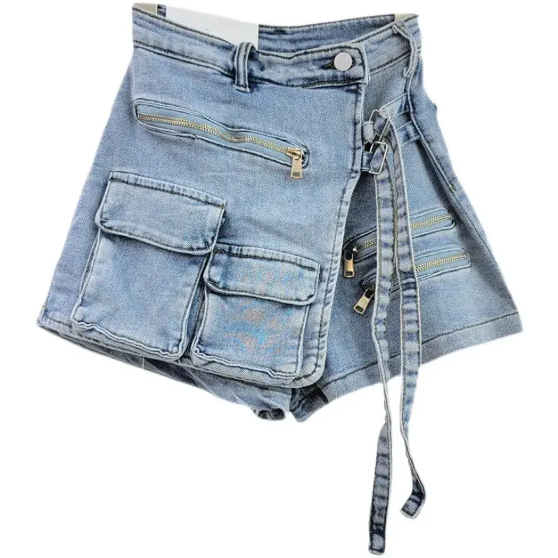 Denim Skirt Women Jeans Culottes Cargo Shorts Irregular Washed High Waist Multiple Y2k Punk Streetwear Short Pants Summer 2025