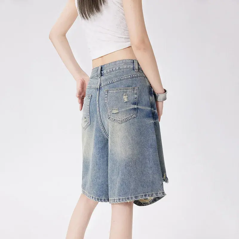 Distressed Knee Length Jeans Vintage Hole Denim Pants Women Ripped Wide Leg Jean High Waist Pockets Loose Fit Casual 2025
