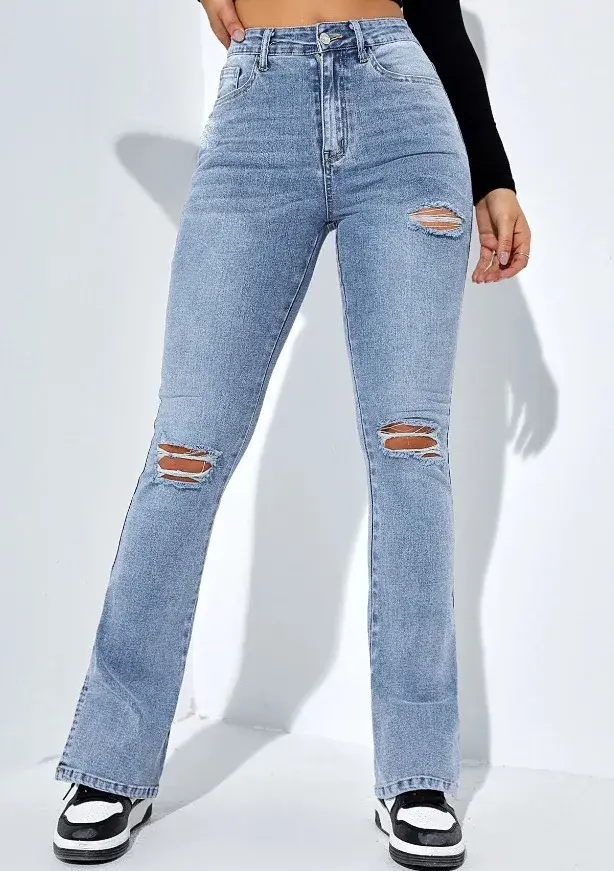 Hole Jeans Straight Pants Women Vintage Denim Stretch High Waist Pockets Washed Mom Jeans Ripped Ankle Length Trousers 2025