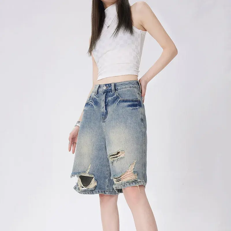Distressed Knee Length Jeans Vintage Hole Denim Pants Women Ripped Wide Leg Jean High Waist Pockets Loose Fit Casual 2025