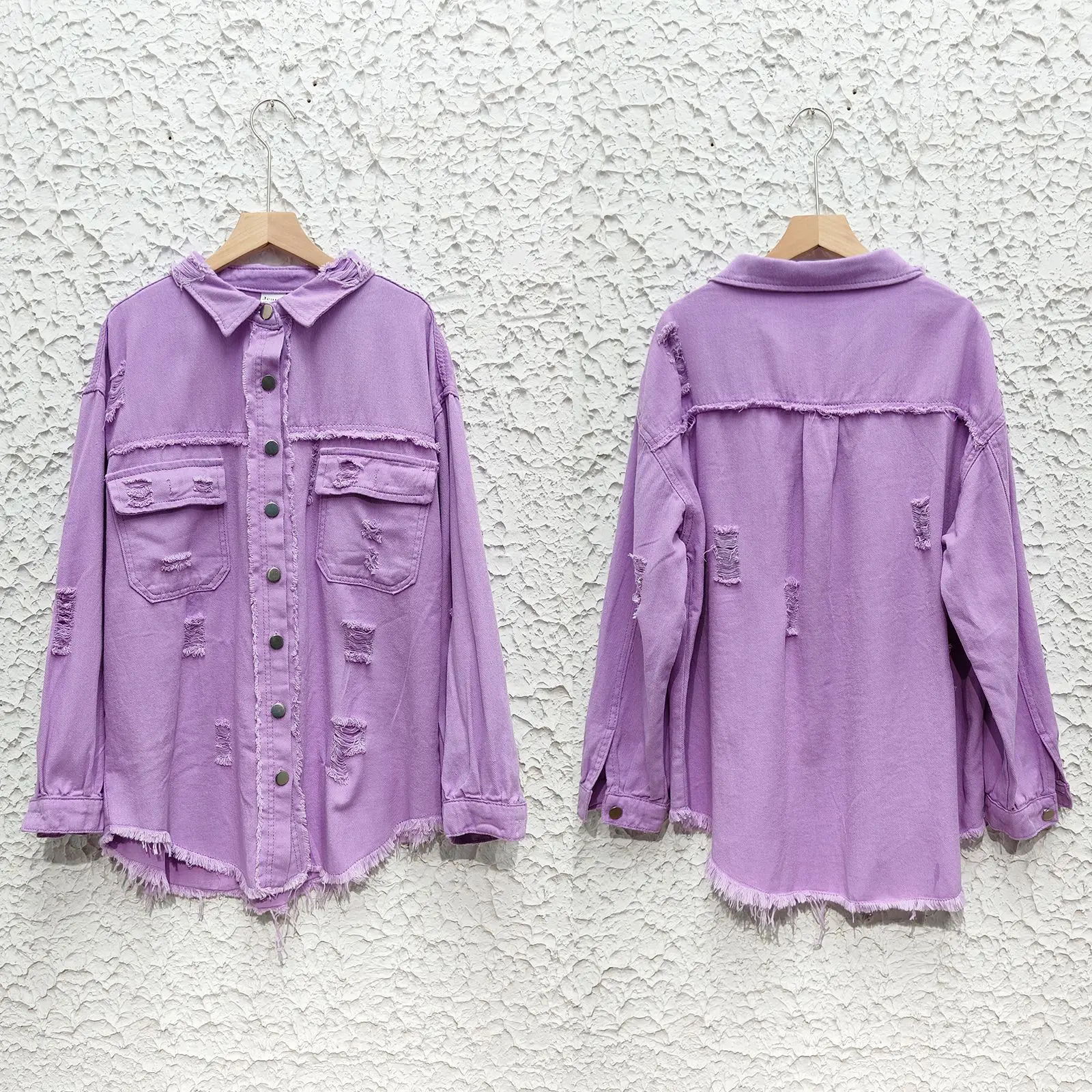 Denim Jackets Women Long Sleeve Turn Down Color Outerwear Cardigan Single Breasted Coats Pockets Hole Vintage Streetwear Coat