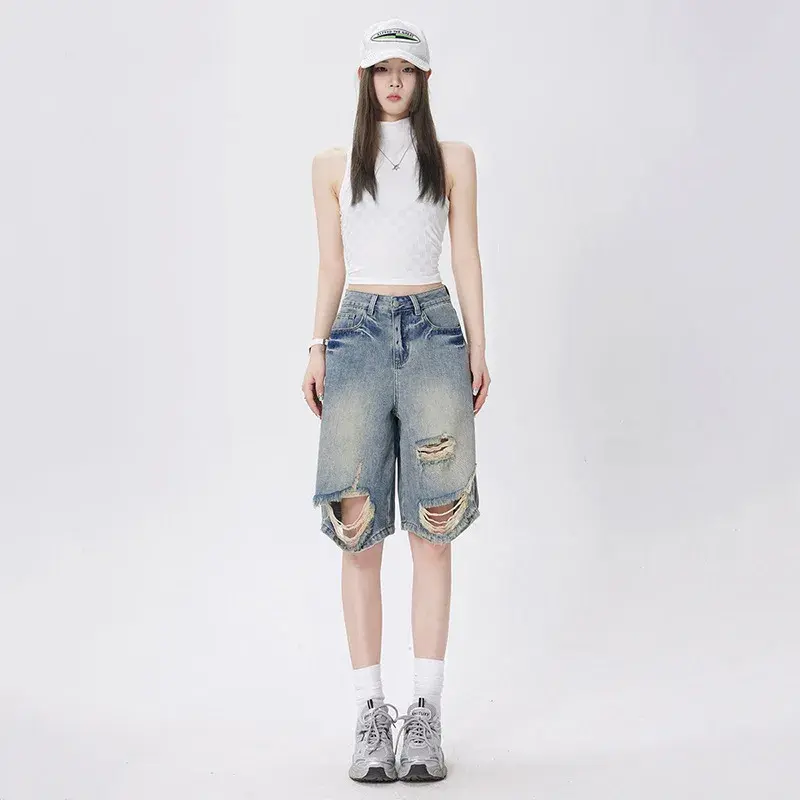 Distressed Knee Length Jeans Vintage Hole Denim Pants Women Ripped Wide Leg Jean High Waist Pockets Loose Fit Casual 2025
