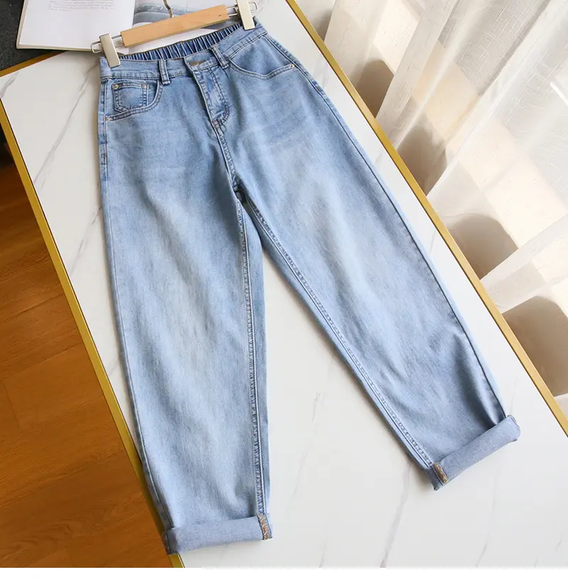 Bleached Jean Ankle Length Straight Denim Pants Women Harem Jeans Pockets Mid Waist Loose Fit Casual Solid Washed 2024
