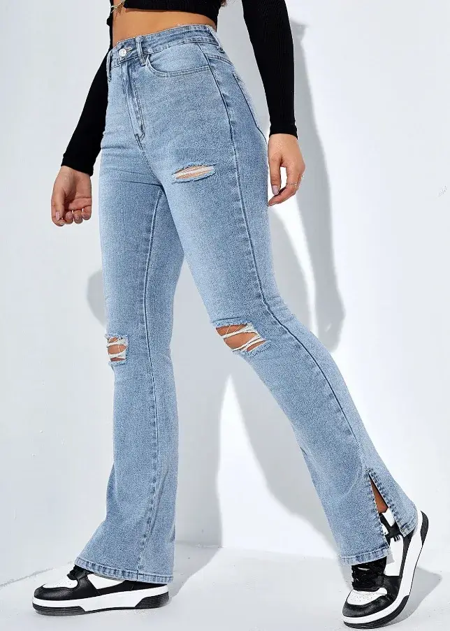 Hole Jeans Straight Pants Women Vintage Denim Stretch High Waist Pockets Washed Mom Jeans Ripped Ankle Length Trousers 2025