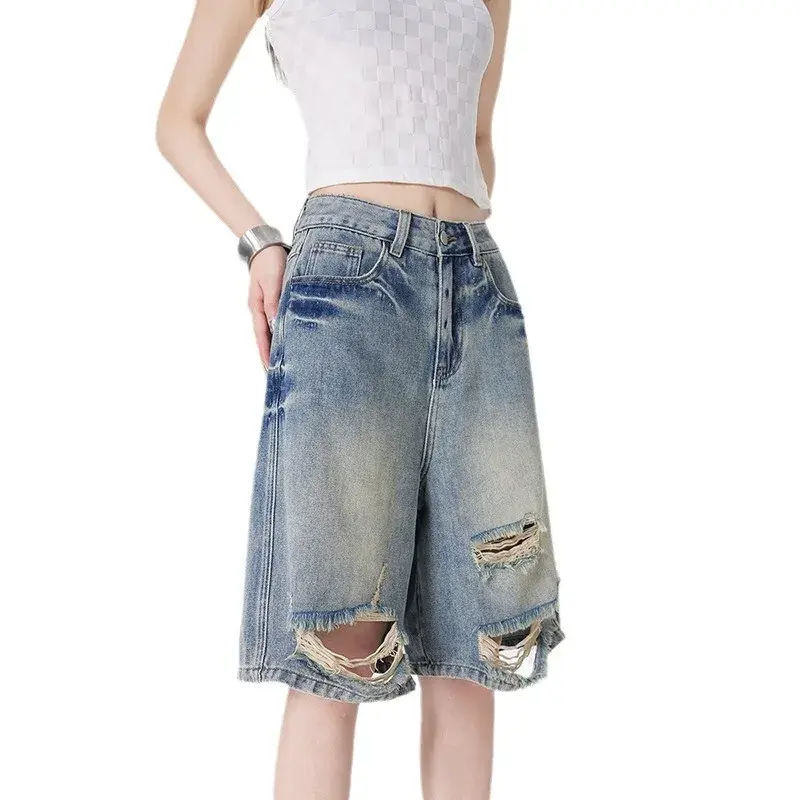 Distressed Knee Length Jeans Vintage Hole Denim Pants Women Ripped Wide Leg Jean High Waist Pockets Loose Fit Casual 2025