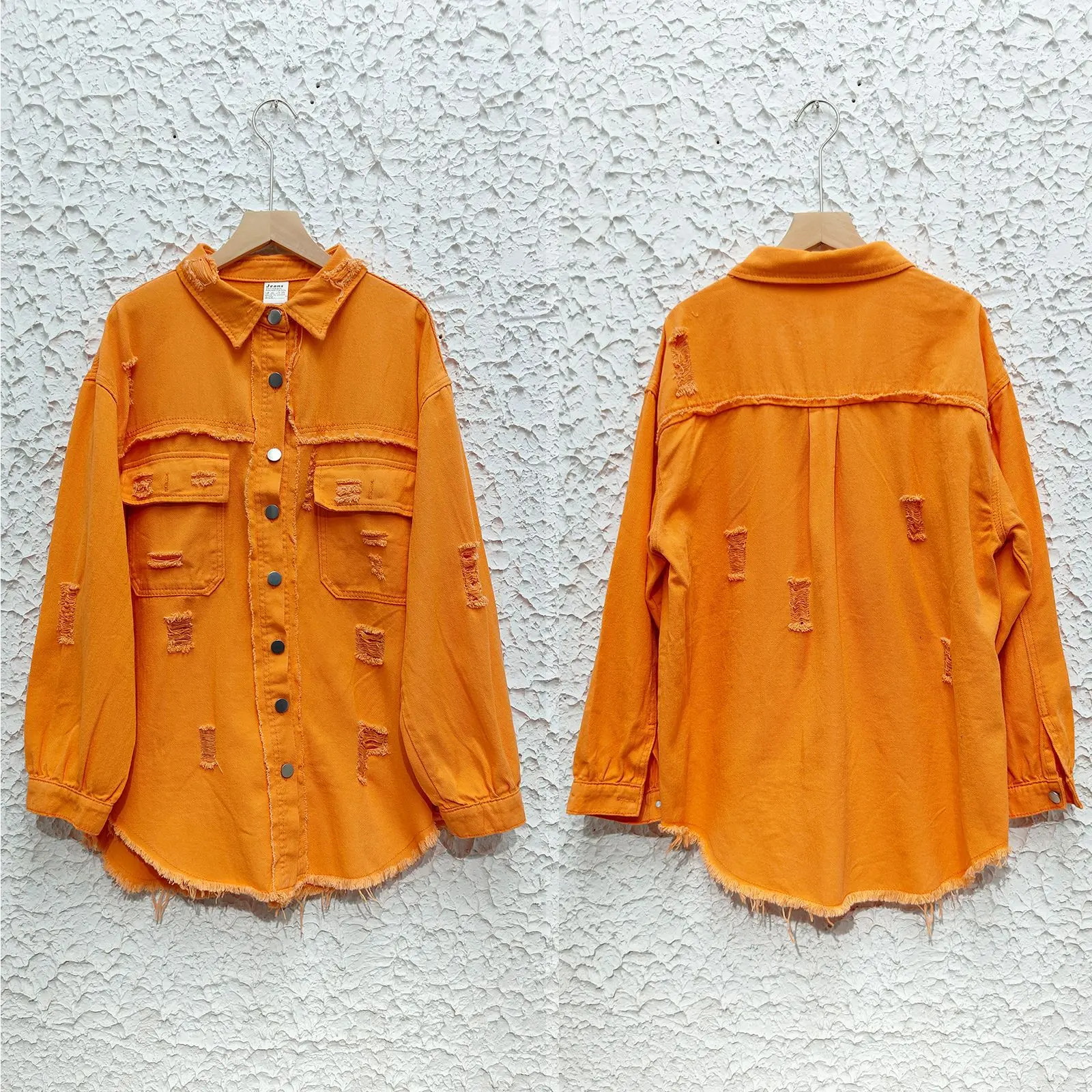 Denim Jackets Women Long Sleeve Turn Down Color Outerwear Cardigan Single Breasted Coats Pockets Hole Vintage Streetwear Coat
