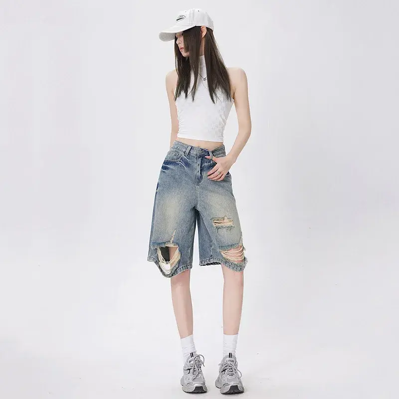 Distressed Knee Length Jeans Vintage Hole Denim Pants Women Ripped Wide Leg Jean High Waist Pockets Loose Fit Casual 2025