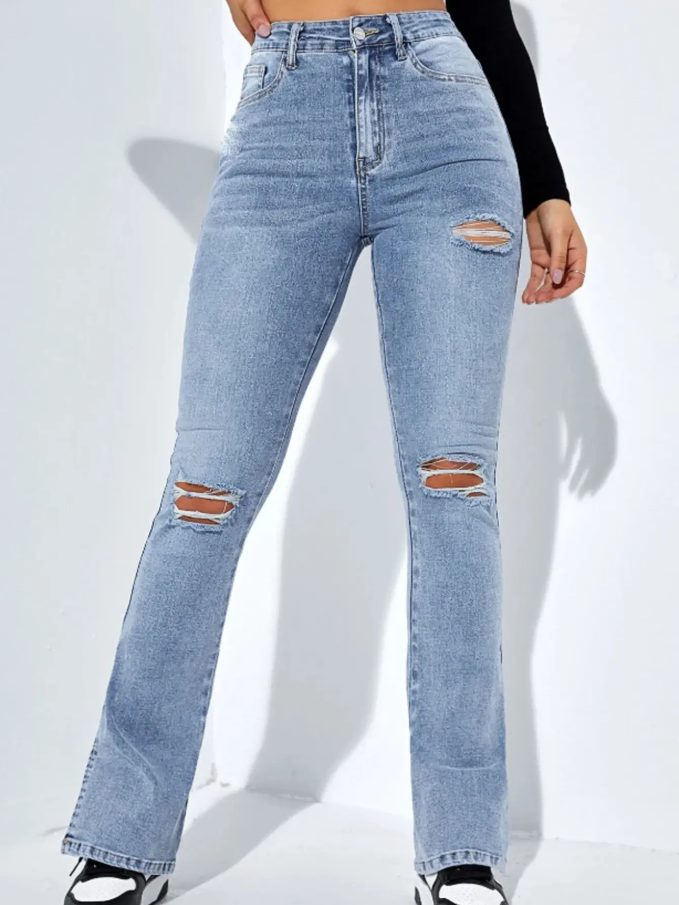 Hole Jeans Straight Pants Women Vintage Denim Stretch High Waist Pockets Washed Mom Jeans Ripped Ankle Length Trousers 2025