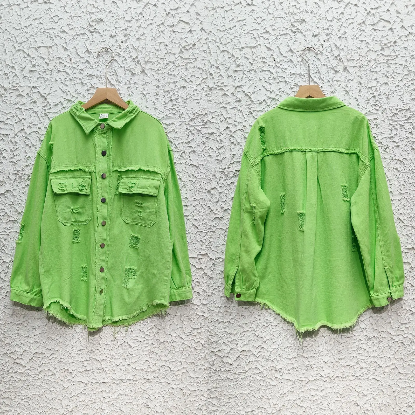 Denim Jackets Women Long Sleeve Turn Down Color Outerwear Cardigan Single Breasted Coats Pockets Hole Vintage Streetwear Coat