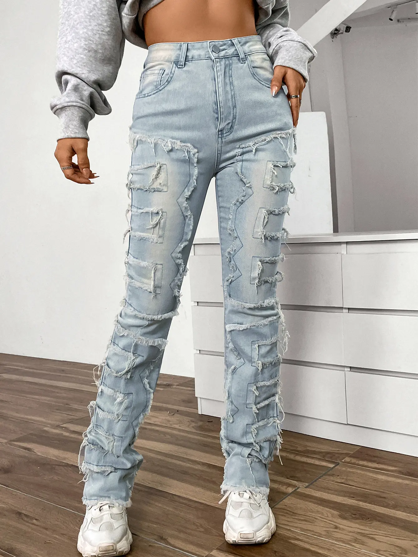 Women Jeans Denim Straight Pants Spliced Patchwork High Street Slim Fit Pockets Mid Waist Washing Zipper Slight Srech 2024