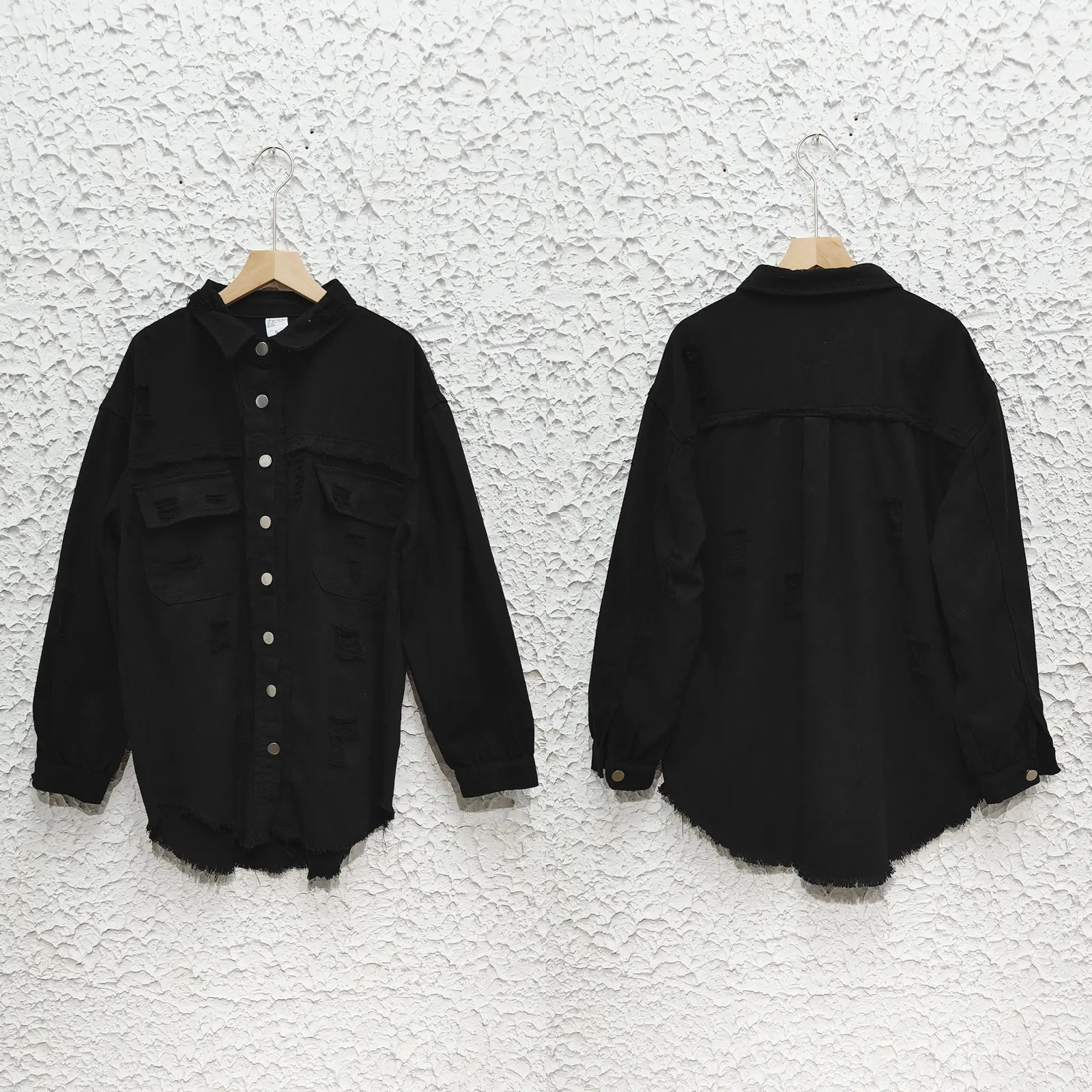 Denim Jackets Women Long Sleeve Turn Down Color Outerwear Cardigan Single Breasted Coats Pockets Hole Vintage Streetwear Coat