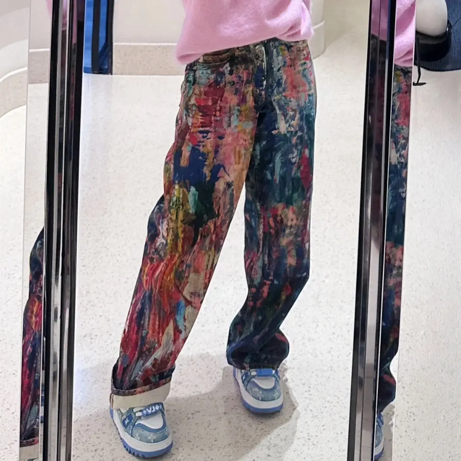 Denim Pant Women Men Print Jeans Wide Leg Long Pants Casual Loose High Waist Straight Trousers Y2k Streetwear Button Pocket