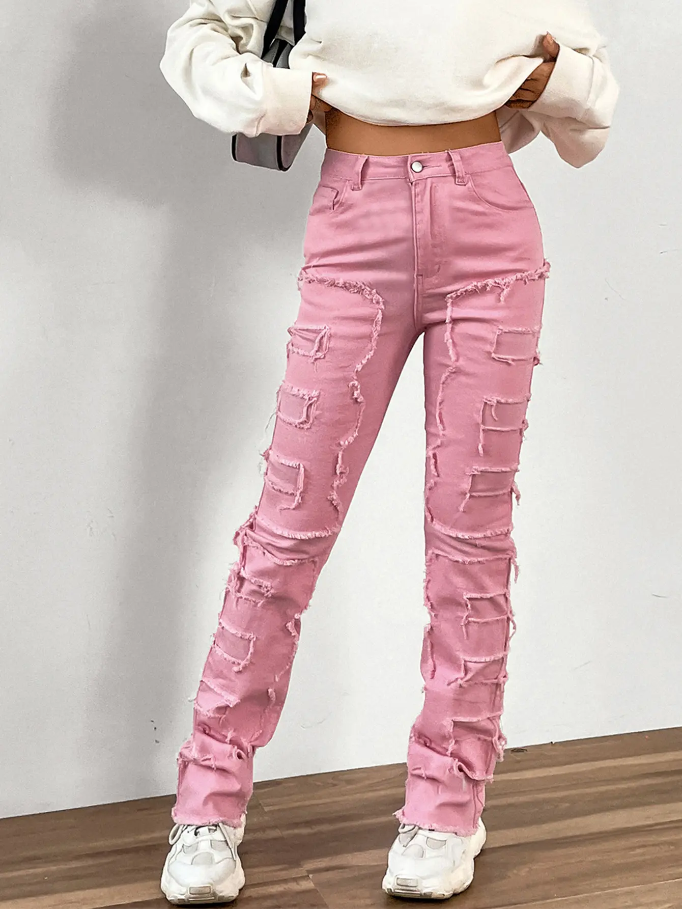 Women Jeans Denim Straight Pants Spliced Patchwork High Street Slim Fit Pockets Mid Waist Washing Zipper Slight Srech 2024