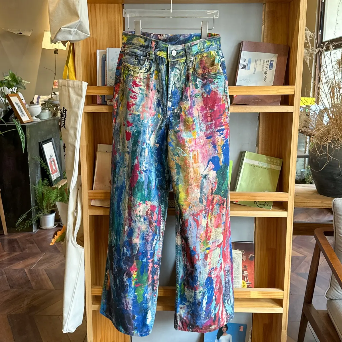 Denim Pant Women Men Print Jeans Wide Leg Long Pants Casual Loose High Waist Straight Trousers Y2k Streetwear Button Pocket