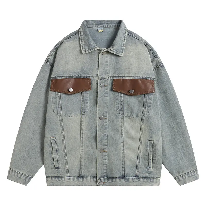 Men Denim Jacket Streetwear Coat Single Breasted Turn Down Collar Women Patchwork Pockets Washed Overcoat 2025 Vintage Outerwear