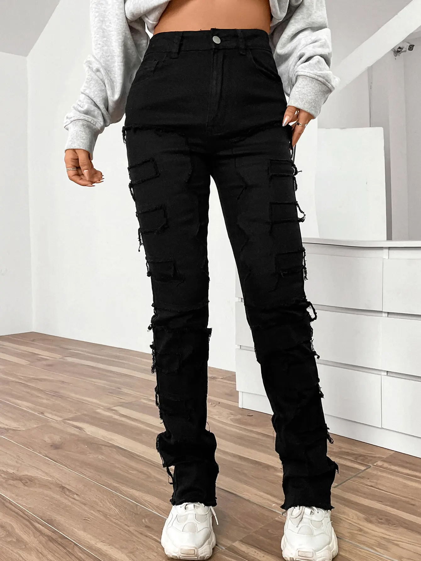 Women Jeans Denim Straight Pants Spliced Patchwork High Street Slim Fit Pockets Mid Waist Washing Zipper Slight Srech 2024