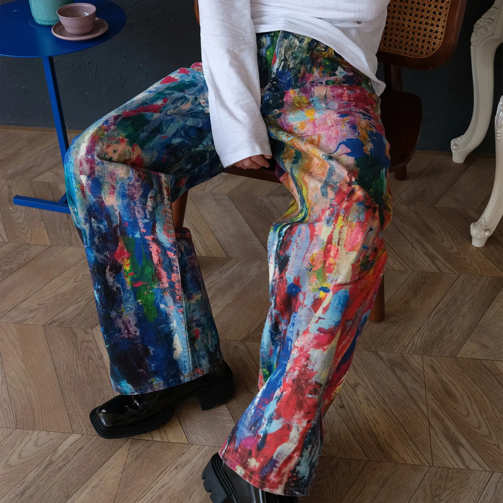 Denim Pant Women Men Print Jeans Wide Leg Long Pants Casual Loose High Waist Straight Trousers Y2k Streetwear Button Pocket