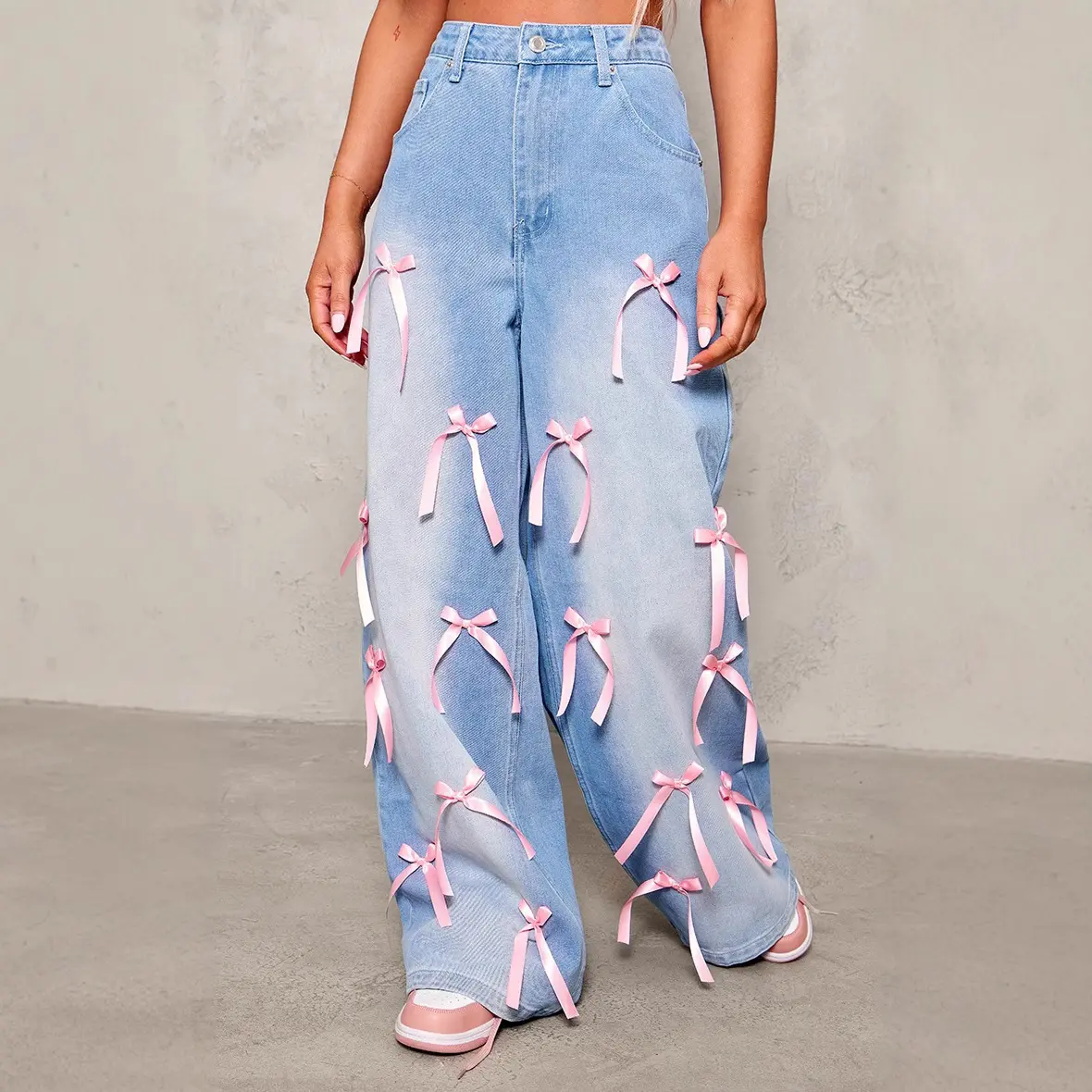 Women Denim Pant Jeans Wide Leg Long Pants Bow High Waist Straight Trousers Y2k Streetwear Elegant Casual Loose Party Club