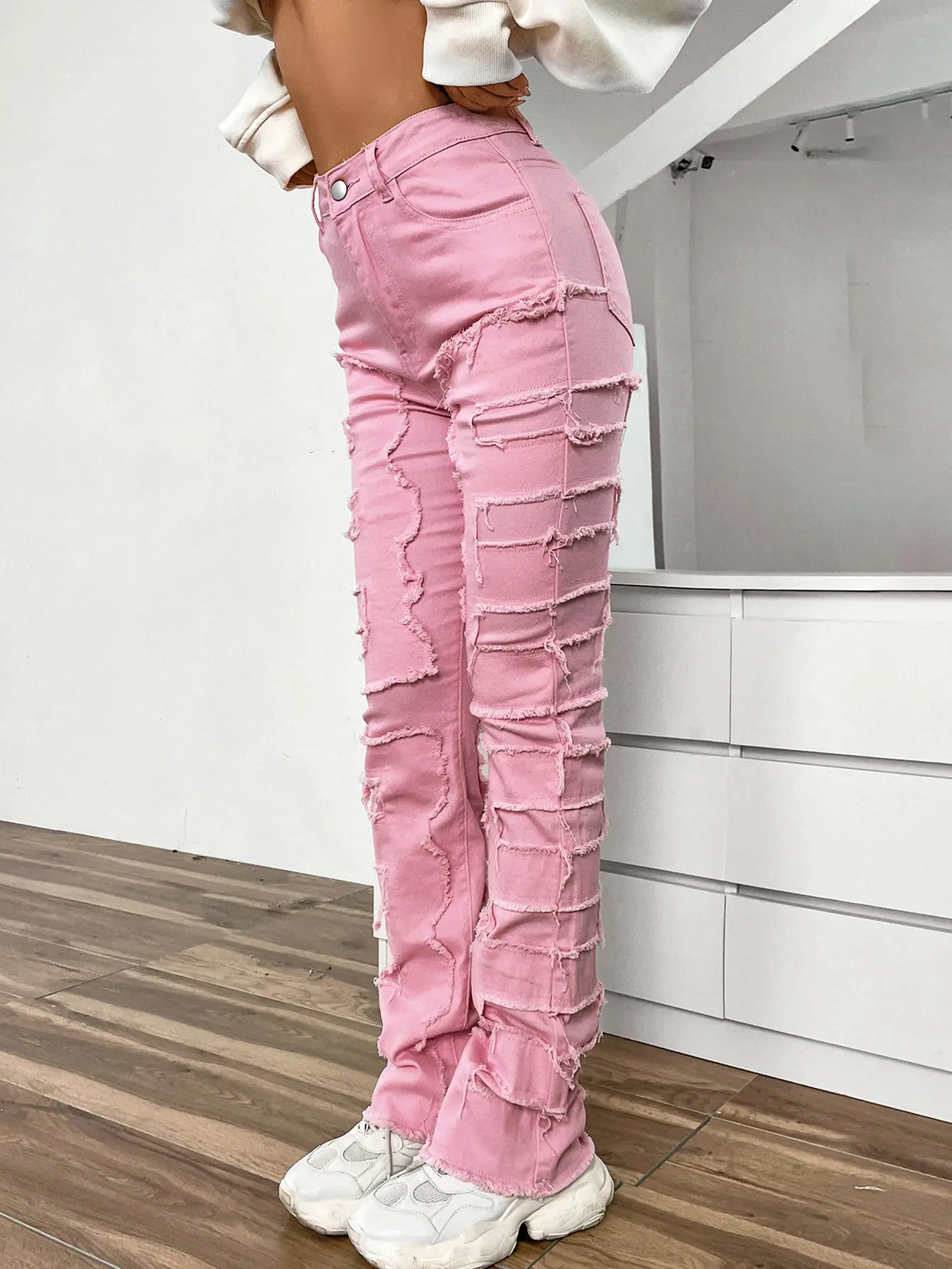 Women Jeans Denim Straight Pants Spliced Patchwork High Street Slim Fit Pockets Mid Waist Washing Zipper Slight Srech 2024