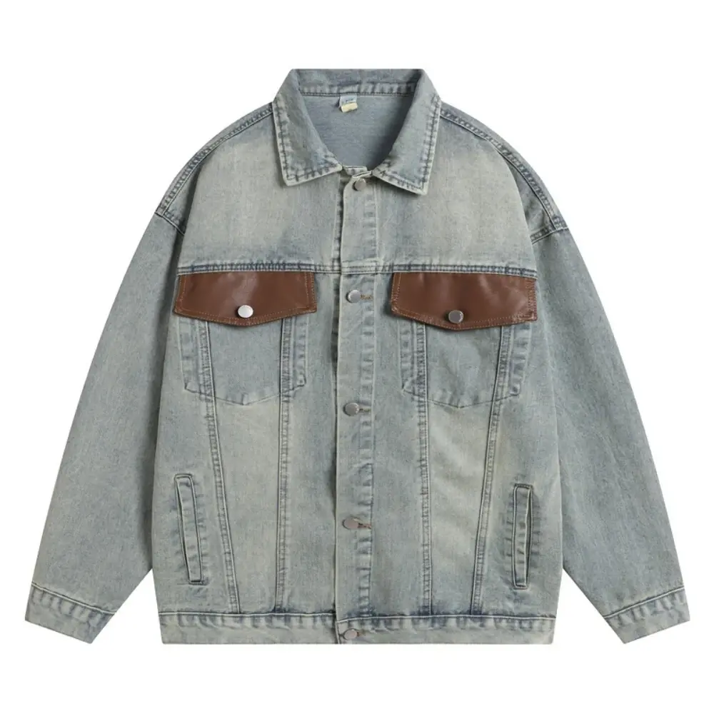 Men Denim Jacket Streetwear Coat Single Breasted Turn Down Collar Women Patchwork Pockets Washed Overcoat 2025 Vintage Outerwear